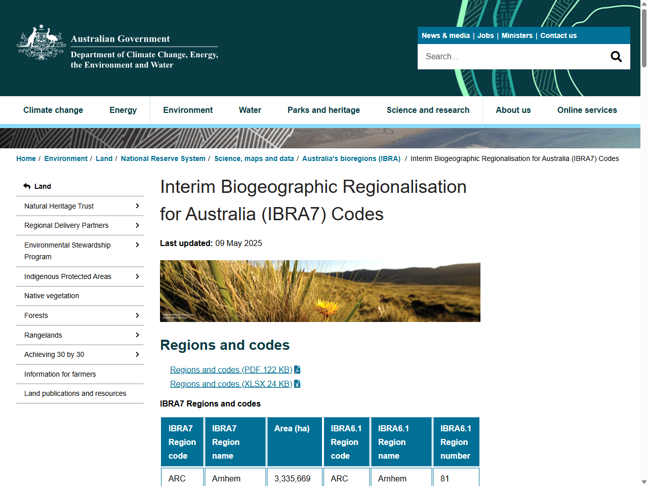 Preview of Interim Biogeographic Regionalisation for Australia (IBRA7) Codes - DCCEEW, accessed August 1, 2025