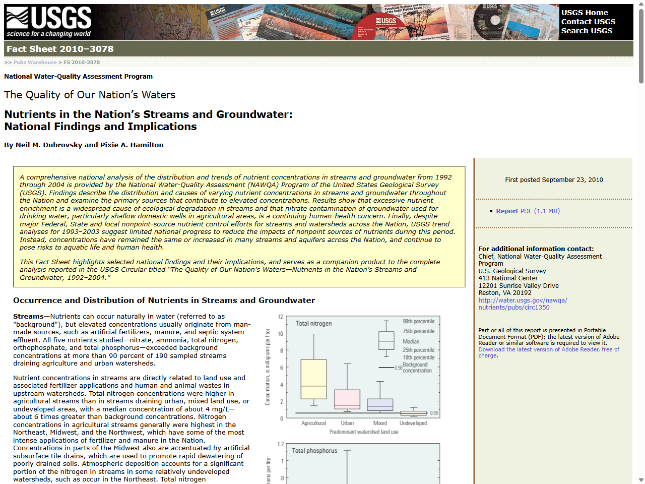 Preview of USGS Fact Sheet 2010–3078: Nutrients in the Nation's Streams and Groundwater, accessed July 25, 2025