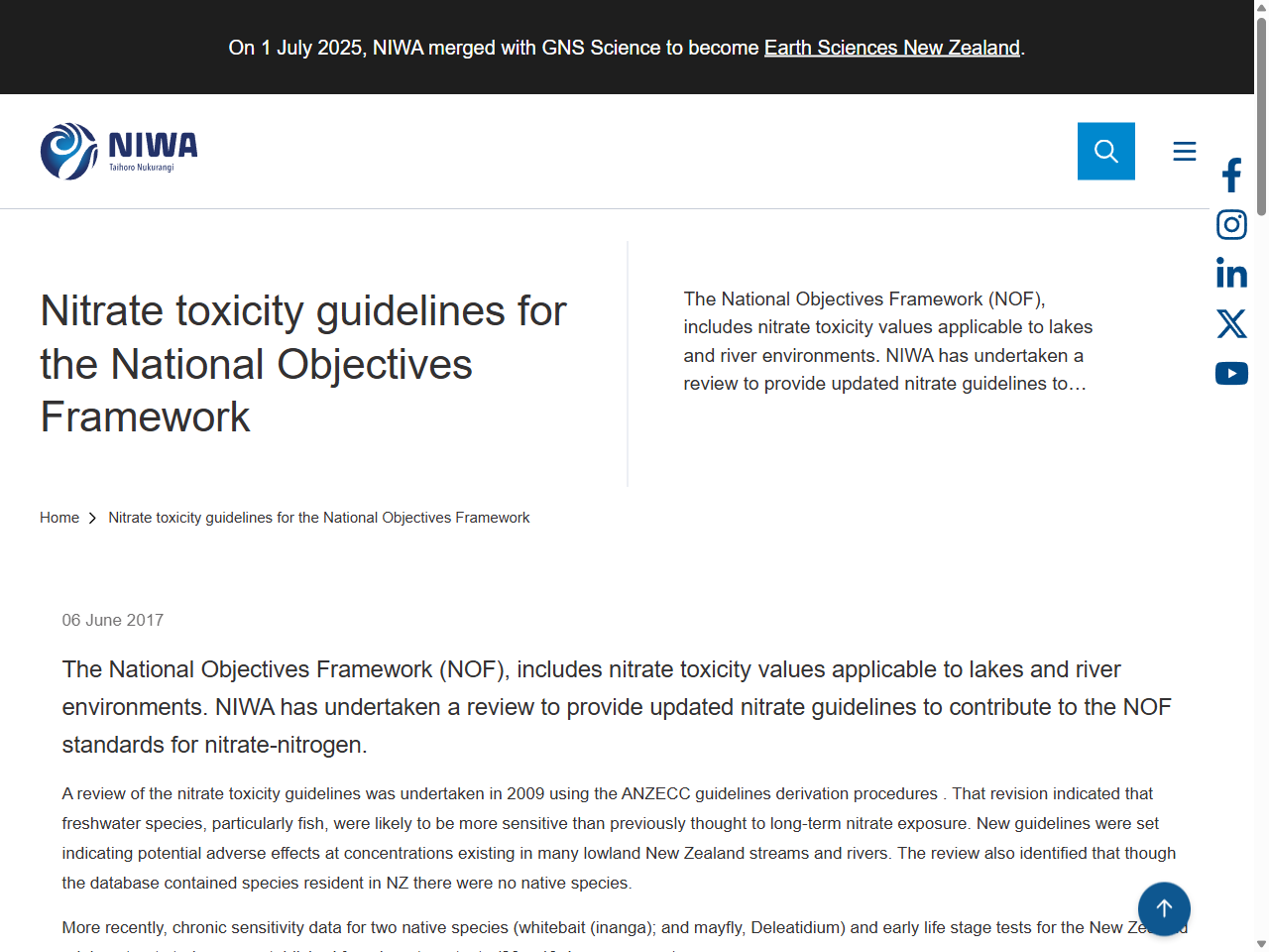 Preview of Nitrate toxicity guidelines for the National Objectives Framework - NIWA, accessed August 8, 2025