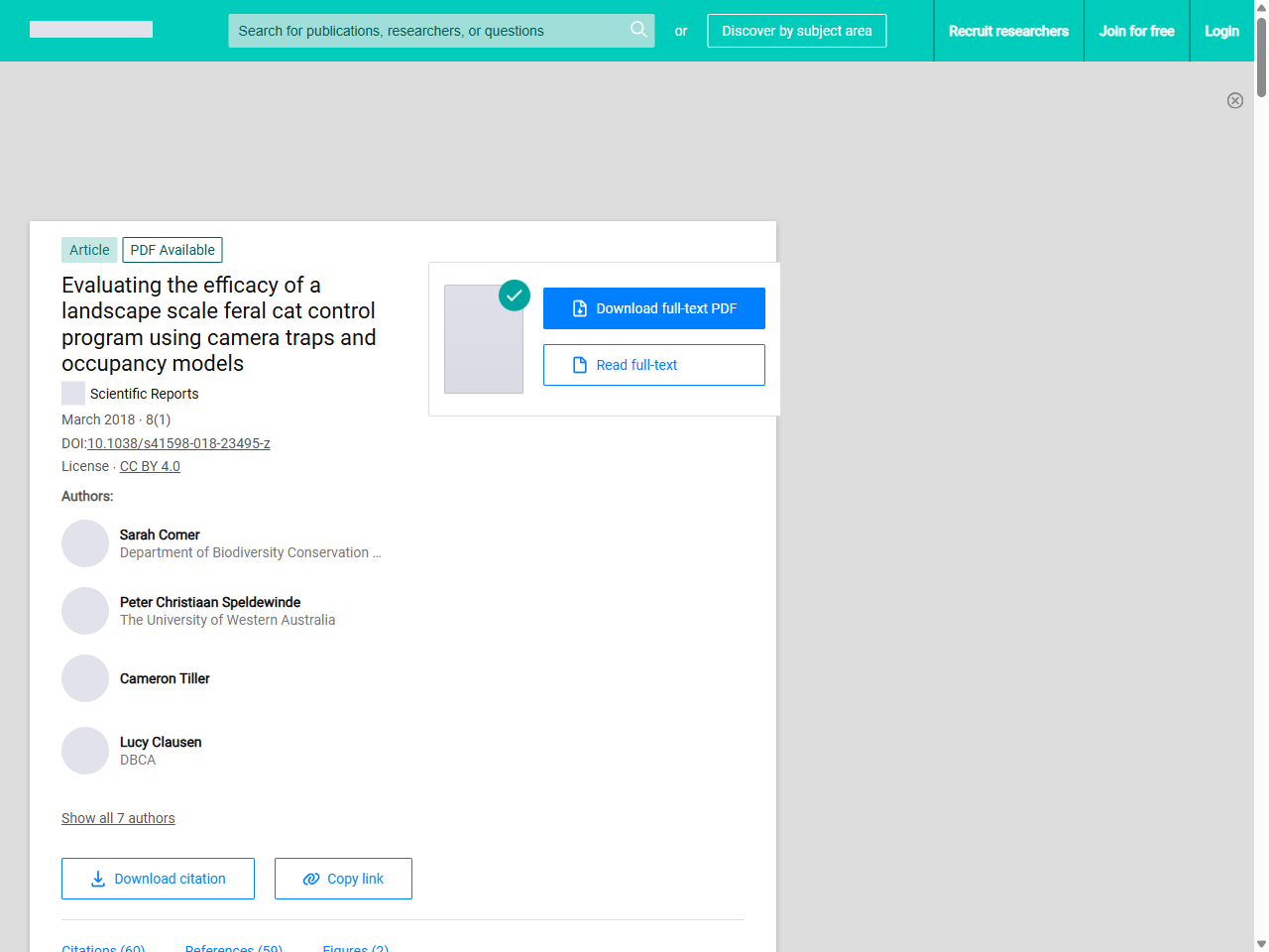 Preview of (PDF) Evaluating the efficacy of a landscape scale feral cat control program using camera traps and occupancy models - ResearchGate