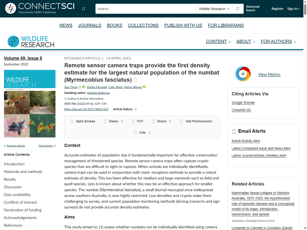 Preview of Remote sensor camera traps provide the first density estimate for the largest natural population of the numbat (Myrmecobius fasciatus) - CSIRO Publishing, accessed July 9, 2025,