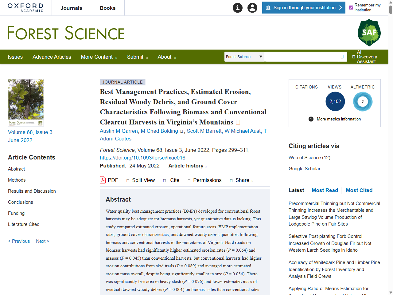 Preview of Best Management Practices, Estimated Erosion, Residual Woody Debris, and Ground Cover Characteristics Following Biomass and Conventional Clearcut Harvests in Virginia's Mountains | Forest Science | Oxford Academic