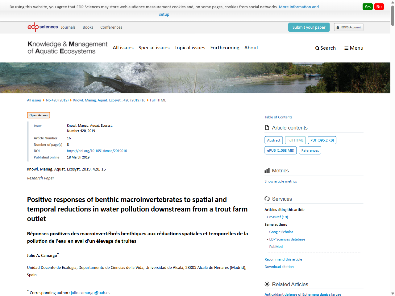 Preview of Positive responses of benthic macroinvertebrates to spatial and temporal reductions in water pollution downstream from a trout farm outlet | Knowledge and Management of Aquatic Ecosystems, accessed July 21, 2025, 