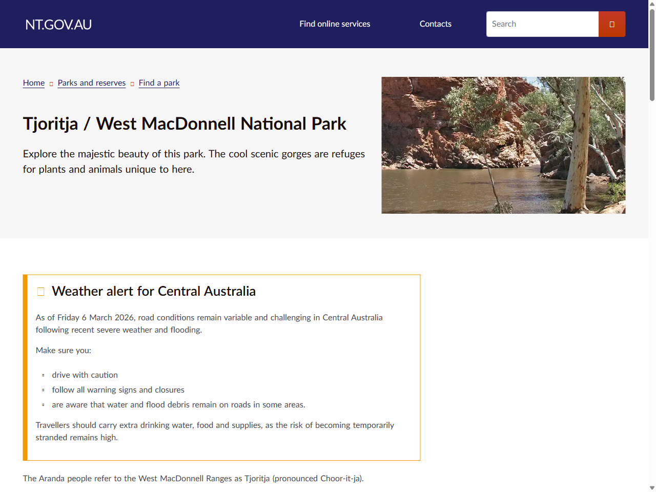 Preview of Tjoritja / West MacDonnell National Park | NT.GOV.AU, accessed August 3, 2025,