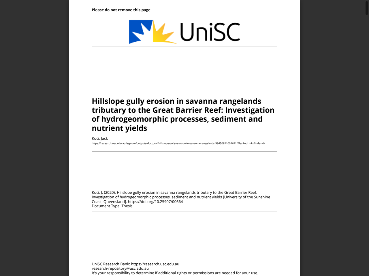 Preview of Hillslope gully erosion in savanna rangelands tributary to the Great Barrier Reef: Investigation of hydrogeomorphic processes - USC Research Bank, accessed July 22, 2025,