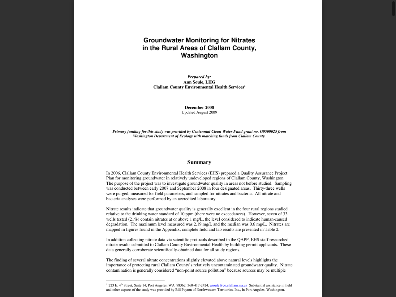 Preview of Groundwater Monitoring for Nitrates in the Rural Areas of Clallam County, Washington, accessed July 26, 2025,