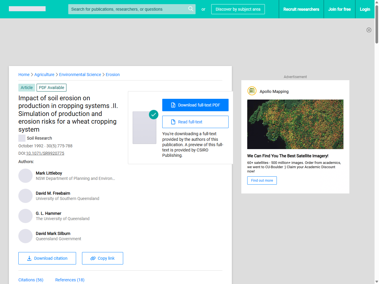 Preview of Impact of Soil Erosion on Production in Cropping Systems. II.* Simulation of Production and Erosion Risks for a Wheat