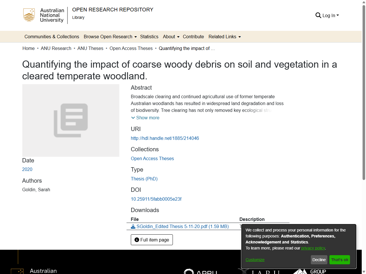 Preview of Quantifying the impact of coarse woody debris on soil and vegetation in a cleared temperate woodland. - Open Research Repository, accessed July 15, 2025