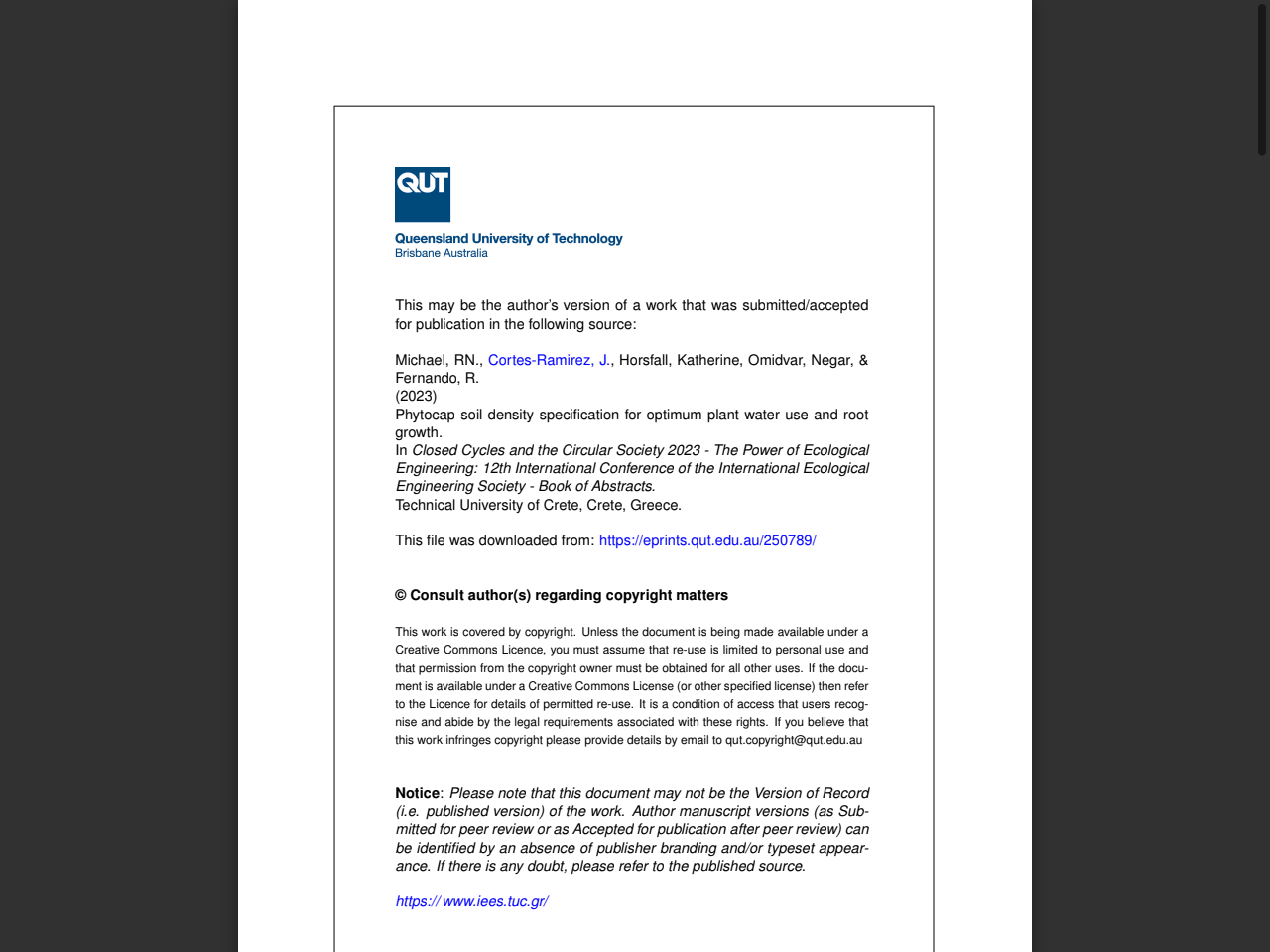 Preview of This may be the author's version of a work that was submitted/accepted for publication in the following source: Michael, RN., - QUT ePrints