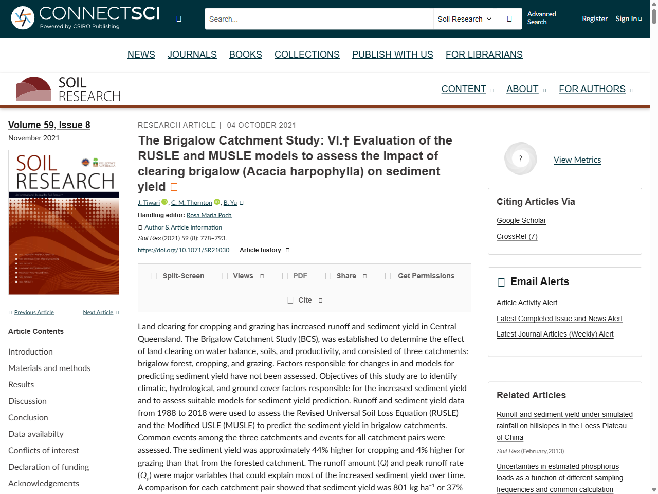 Preview of VI.† Evaluation of the RUSLE and MUSLE models to assess the impact of clearing brigalow (Acacia harpophylla) on sediment yield - CSIRO PUBLISHING | Soil Research, accessed July 20, 2025