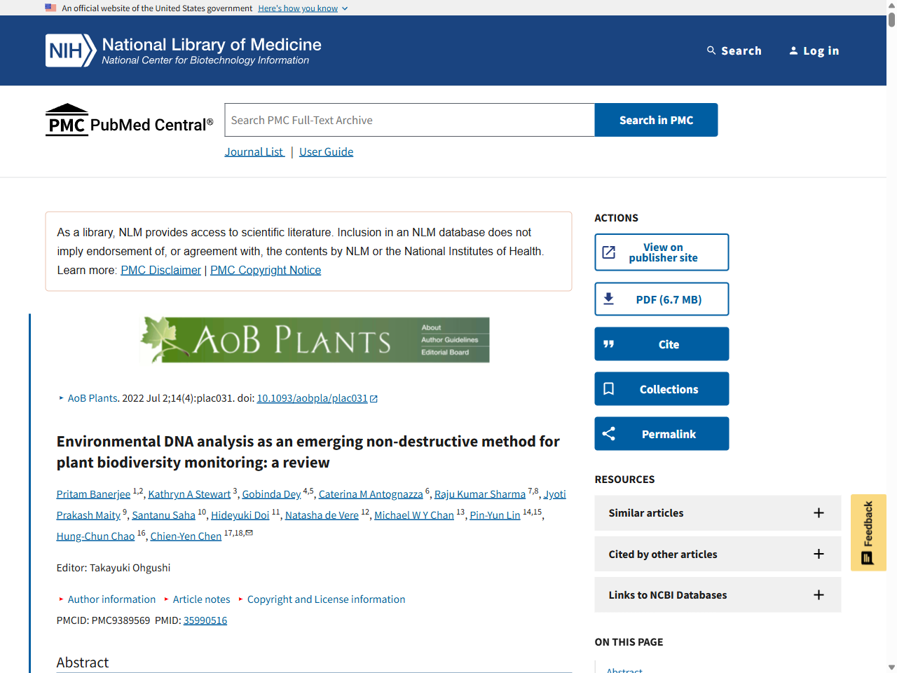 Preview of Environmental DNA analysis as an emerging non-destructive method for plant biodiversity monitoring: a review