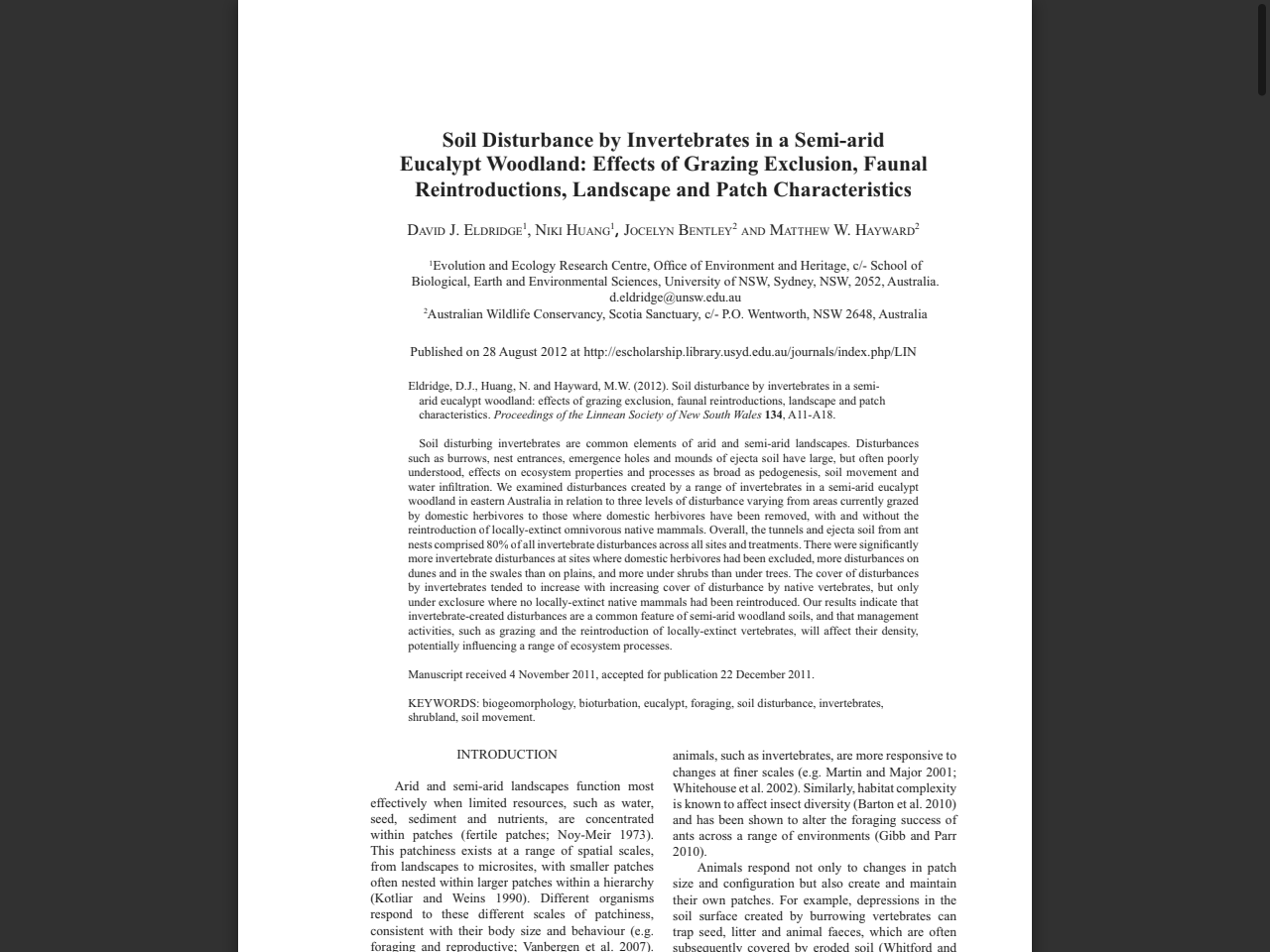 Preview of Soil Disturbance by Invertebrates in a Semi-arid Eucalypt Woodland: Effects of Grazing Exclusion, Faunal Reintroductions, Landscape and Patch Characteristics, accessed July 15, 2025,