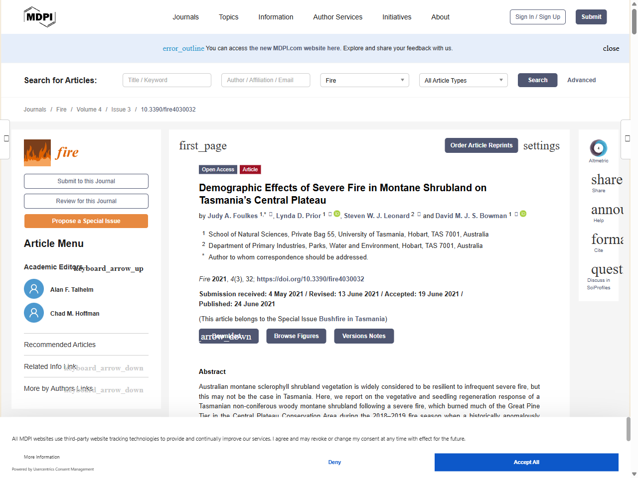 Preview of Foulkes, J., & Corkrey, R. (2021). Assessing the post-fire recovery of alpine shrublands: A study in the Tasmanian Highlands. Fire, 4(3), 32.