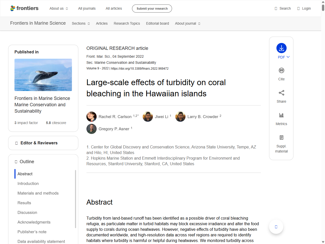 Preview of Large-scale effects of turbidity on coral bleaching in the Hawaiian islands - Frontiers, accessed August 2, 2025,
