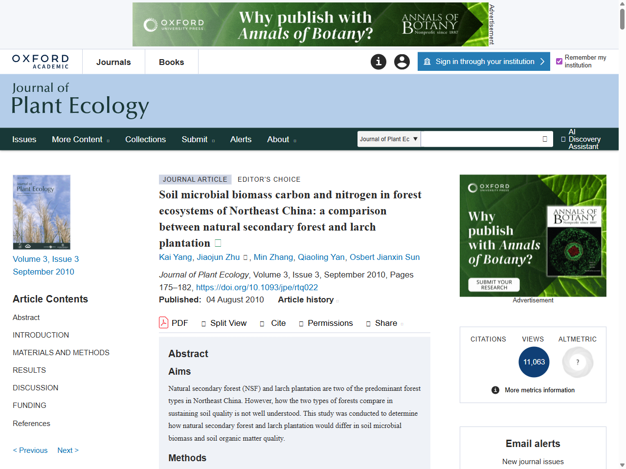 Preview of Soil microbial biomass carbon and nitrogen in forest ecosystems of Northeast China: a comparison between natural secondary forest and larch plantation | Journal of Plant Ecology | Oxford Academic, accessed August 28, 2025,