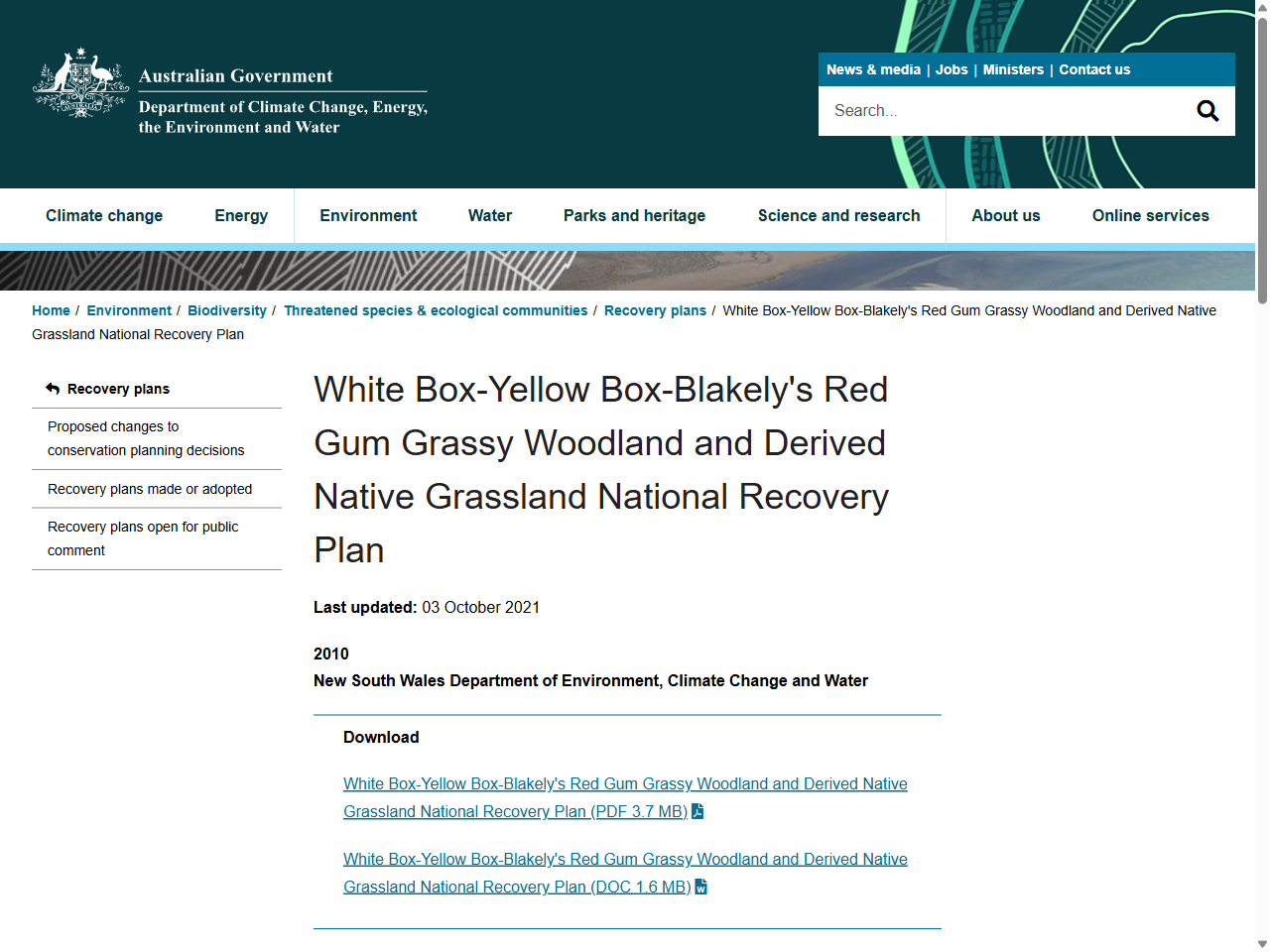 Preview of White Box - Yellow Box - Blakely's Red Gum Grassy Woodland and Derived Native Grassland National Recovery Plan