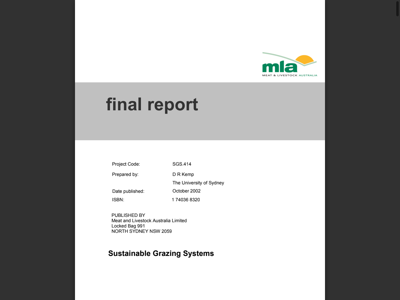 Preview of Sustainable Grazing Systems (SGS) Key Program - Final Report