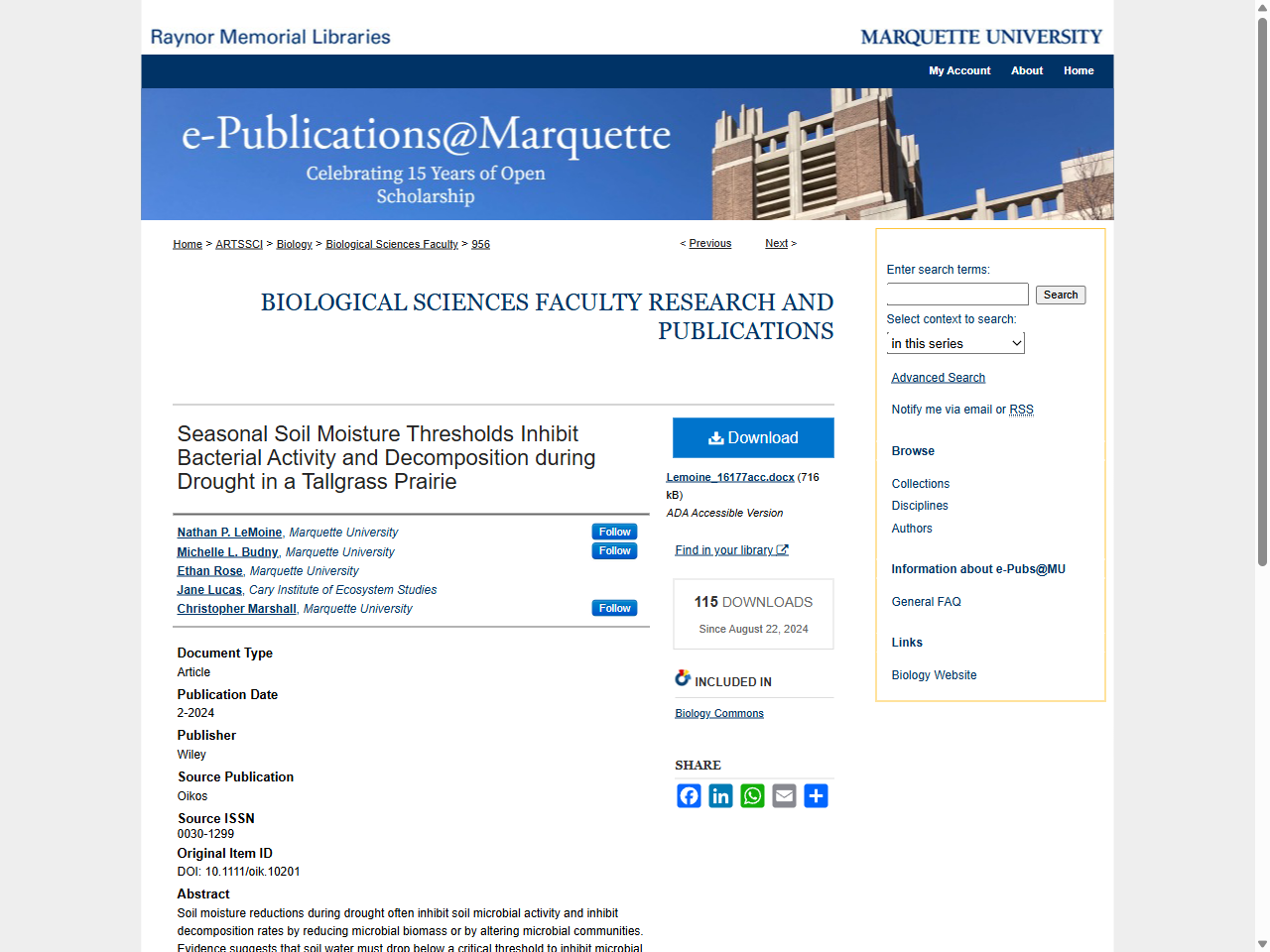 Preview of Seasonal Soil Moisture Thresholds Inhibit Bacterial Activity and Decomposition during Drought in a Tallgrass Prairie - e-Publications@Marquette, accessed July 30, 2025,
