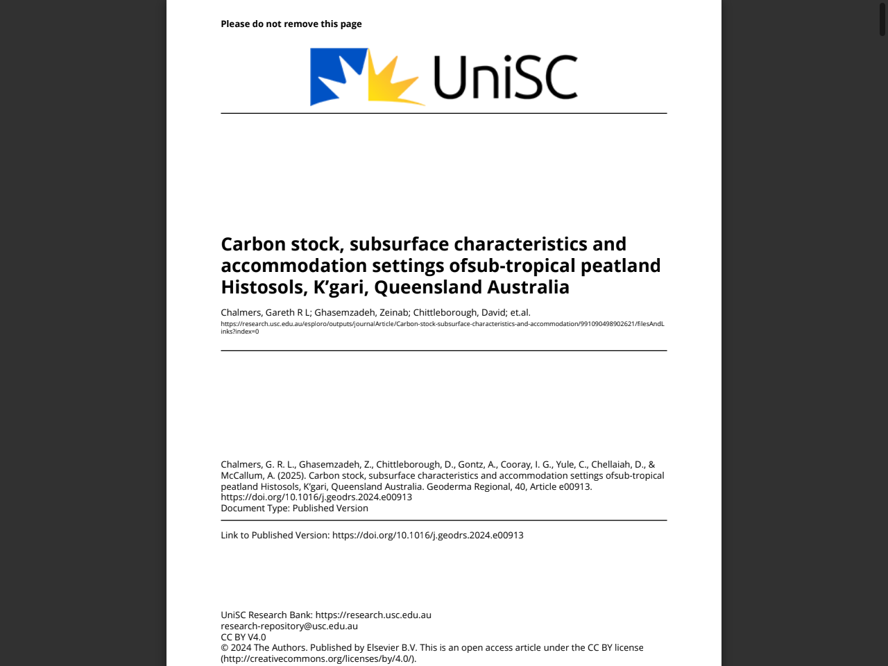 Preview of Agus, F., et al. (2011). Estimating organic carbon percentage (OC%) in histosols or peat. Cited in: Hanson, S., et al. (2023). Carbon stock, subsurface characteristics and accommodation settings of sub-tropical peatland Histosols, K'gari, Queensland, Australia. Soil Research.