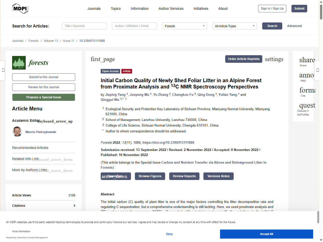 Preview of Initial Carbon Quality of Newly Shed Foliar Litter in an Alpine Forest from Proximate Analysis and 13 C NMR Spectroscopy Perspectives - MDPI, accessed March 27, 2026,