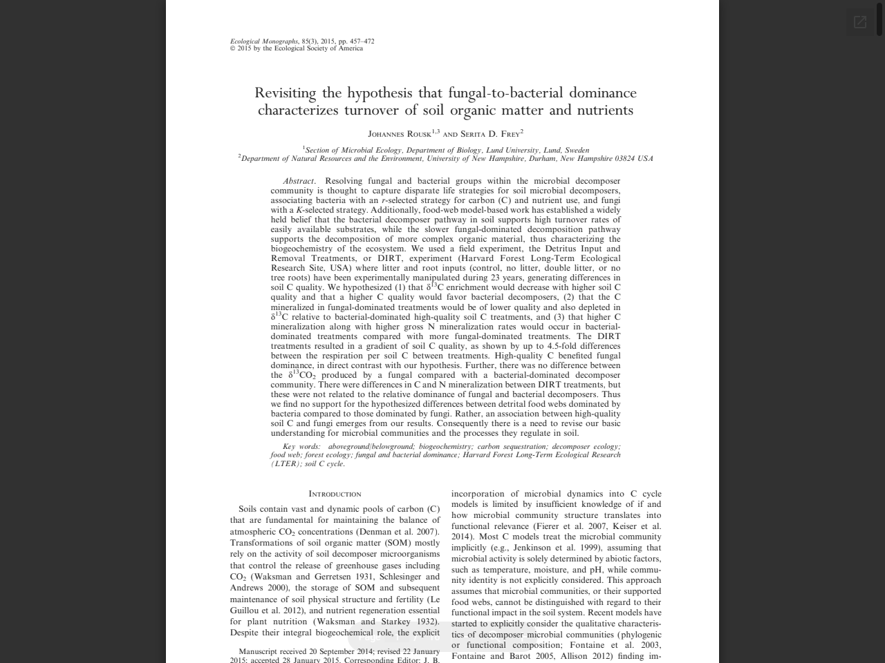 Preview of Revisiting the hypothesis that fungal-to-bacterial dominance characterizes turnover of soil organic matter and nutrients - Harvard Forest, accessed July 28, 2025
