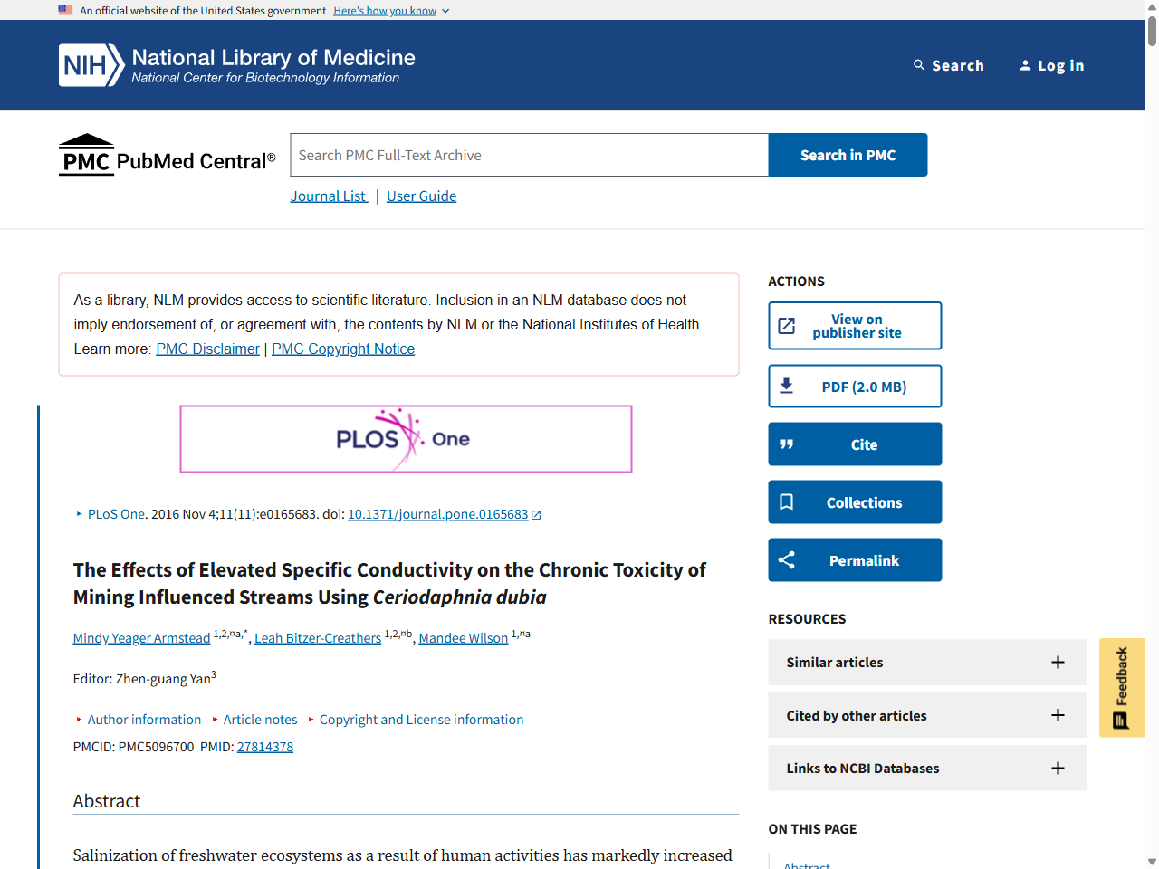 Preview of The Effects of Elevated Specific Conductivity on the Chronic Toxicity of Mining Influenced Streams Using Ceriodaphnia dubia - PubMed Central, accessed August 10, 2025