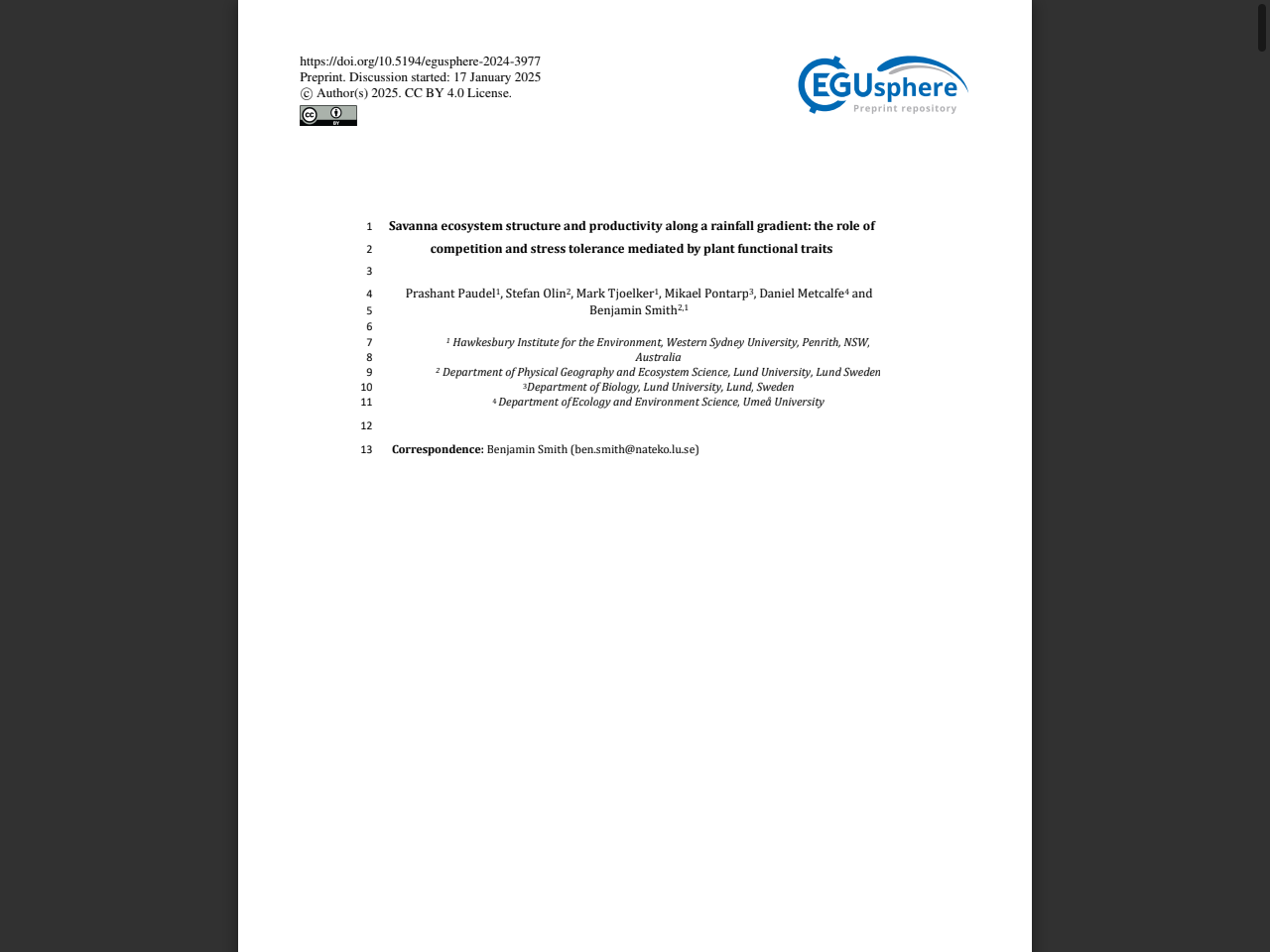 Preview of Savanna ecosystem structure and productivity along a rainfall gradient: the role of - EGUsphere, accessed May 13, 2025, 