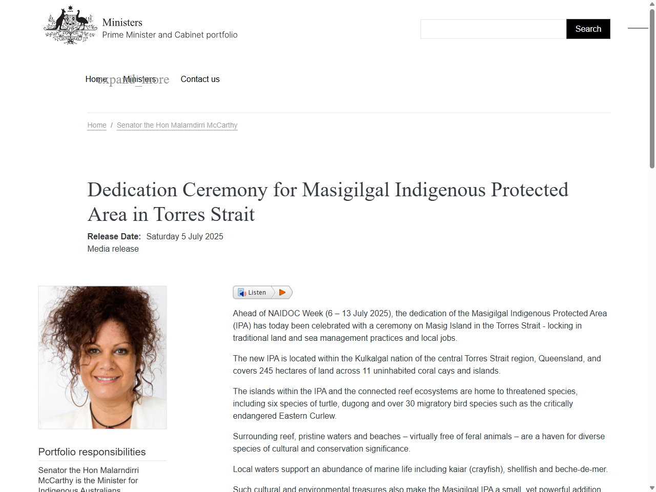 Preview of Dedication Ceremony for Masigilgal Indigenous Protected Area in Torres Strait, accessed August 4, 2025,