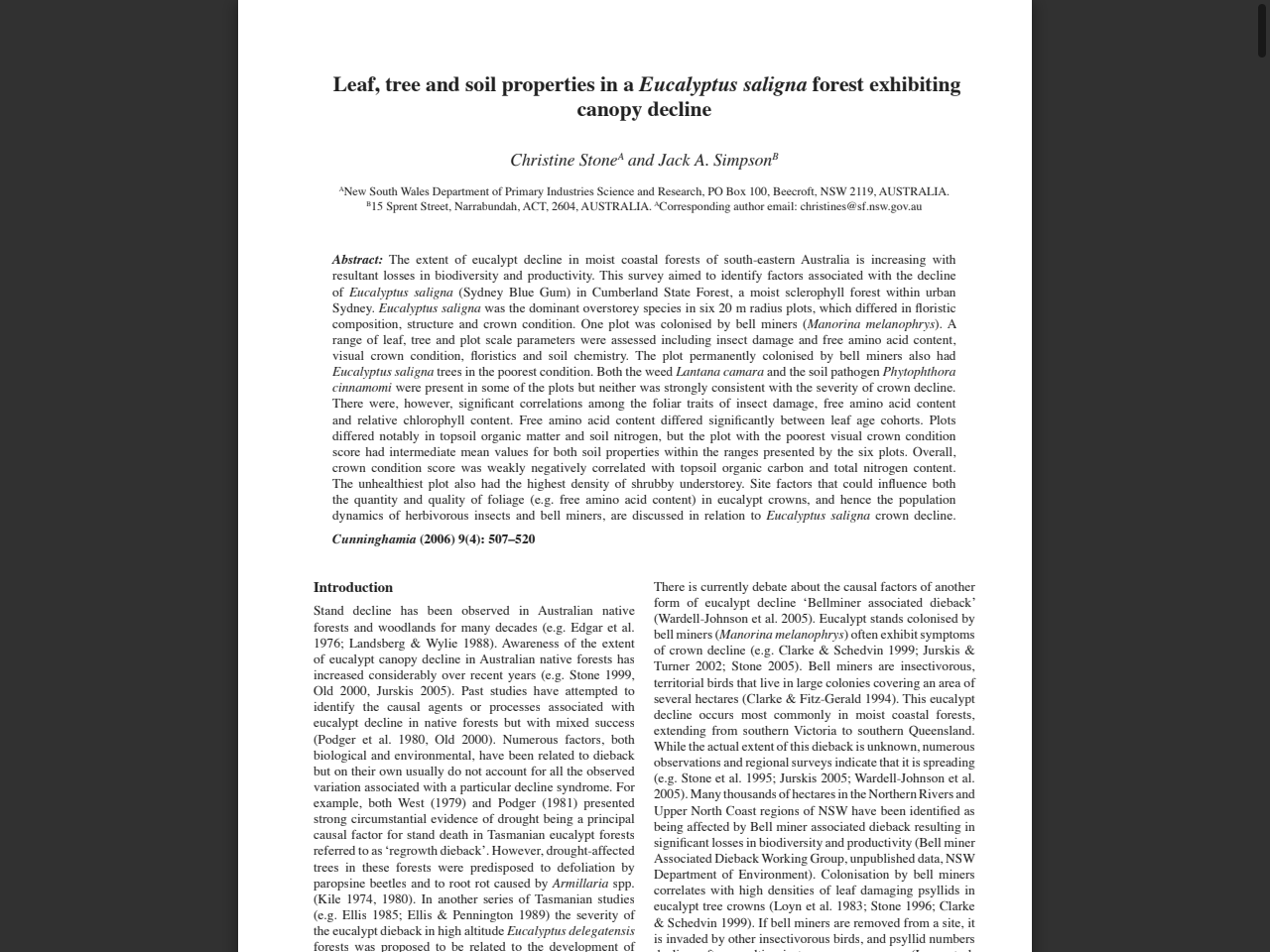Preview of Severity of the eucalypt dieback in high altitude Eucalyptus delegatensis forests
