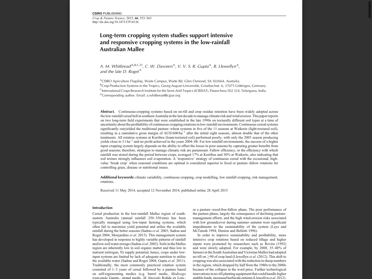 Preview of Continuous cropping of a Calcarosol in a low-rainfall environment: effects of rotations and nitrogen fertiliser