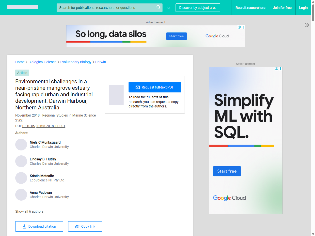 Preview of Environmental challenges in a near-pristine mangrove estuary facing rapid urban and industrial development: Darwin Harbour, Northern Australia | Request PDF - ResearchGate, accessed July 25, 2025,