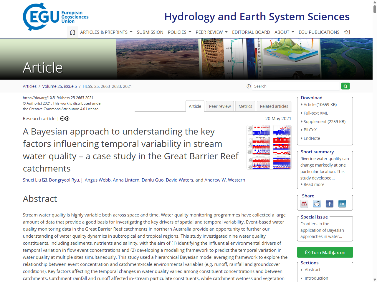 Preview of A Bayesian approach to understanding the key factors influencing temporal variability in stream water quality – a case study in the Great Barrier Reef catchments - HESS - Recent, accessed on May 31, 2025