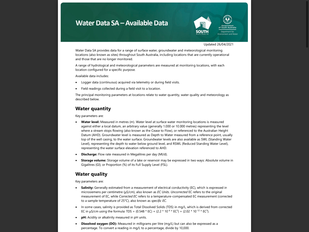 Preview of Water Data SA – Available Data - WaterConnect, accessed July 27, 2025,