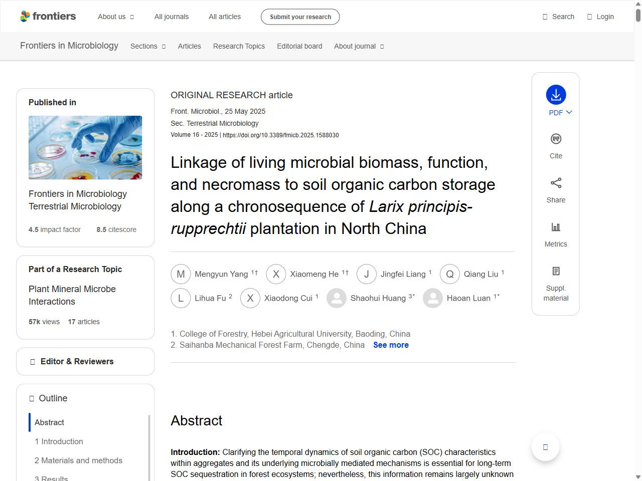 Preview of Linkage of living microbial biomass, function, and necromass to soil organic carbon storage along a chronosequence of Larix principis-rupprechtii plantation in North China - Frontiers, accessed on June 5, 2025