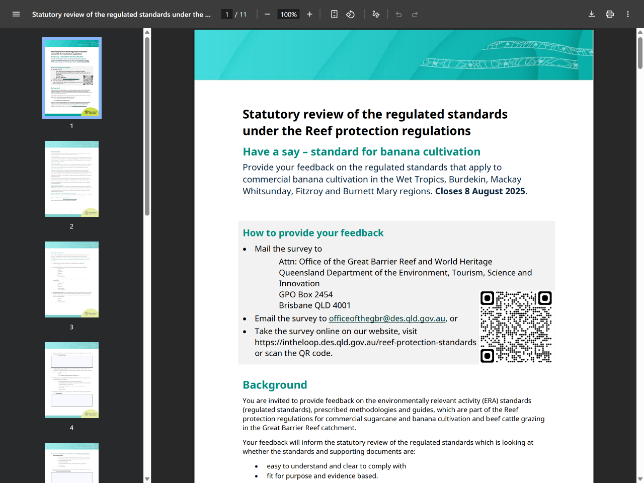 Preview of Statutory review of the regulated standards under the Reef protection regulations - Banana cultivation - In the Loop, Department of the Environment, Tourism, Science and Innovation