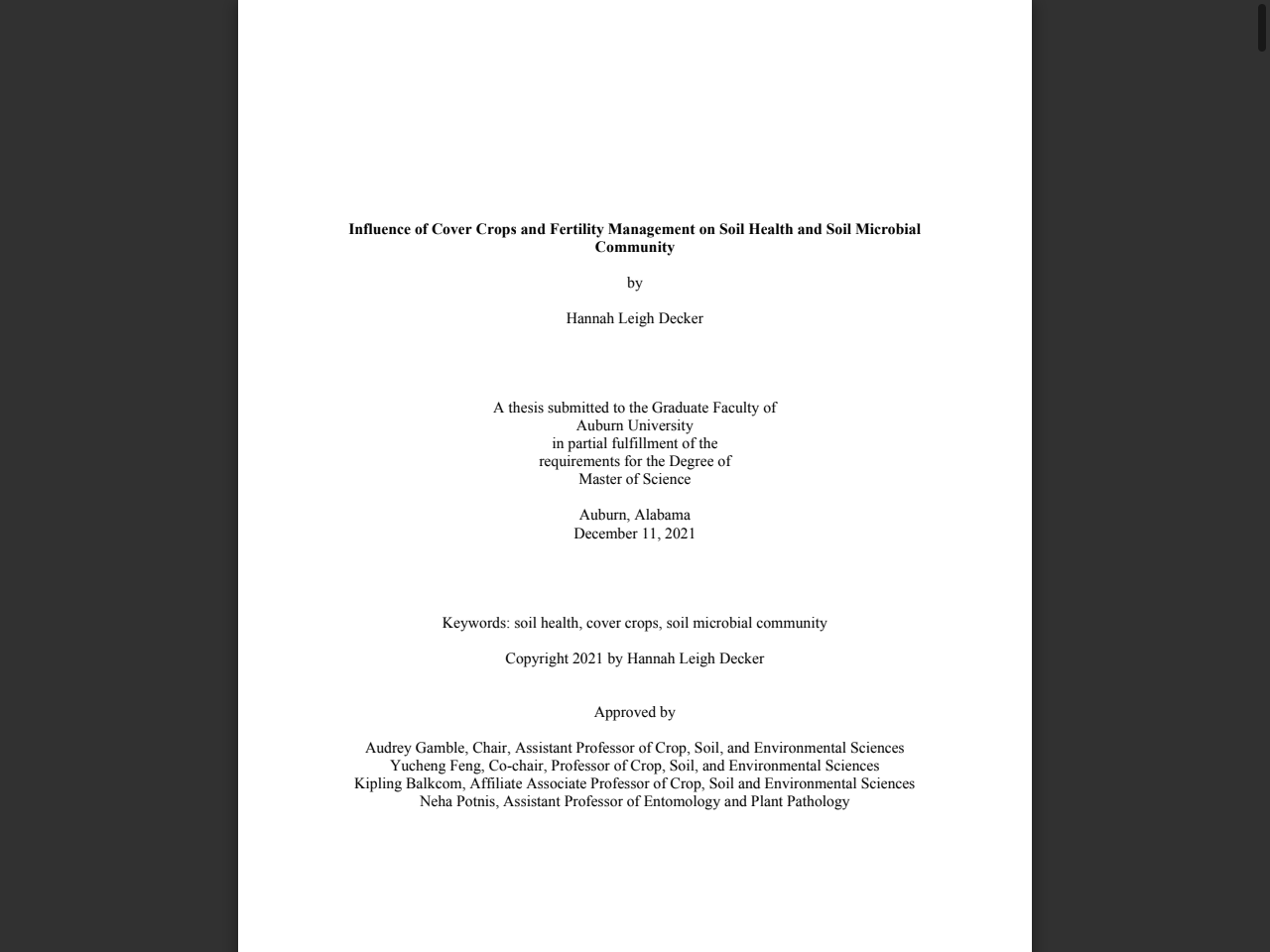 Preview of Influence of Cover Crops and Fertility Management on Soil Health and Soil Microbial Community by Hannah Leigh Decker A thesis su - Auburn University