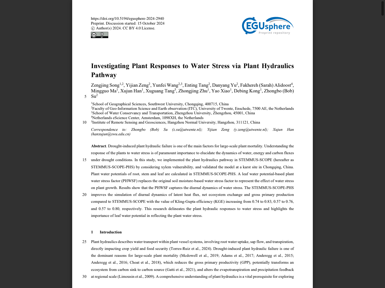 Preview of Investigating Plant Responses to Water Stress via Plant Hydraulics Pathway - EGUsphere