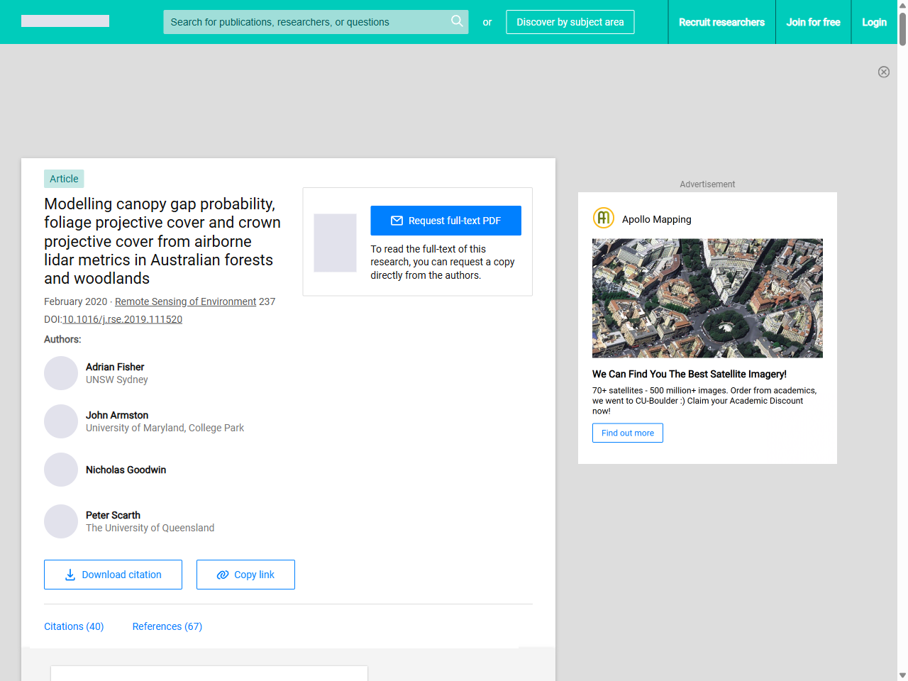 Preview of Modelling canopy gap probability, foliage projective cover and crown projective cover from airborne lidar metrics in Australian forests and woodlands | Request PDF - ResearchGate, accessed May 15, 2025,