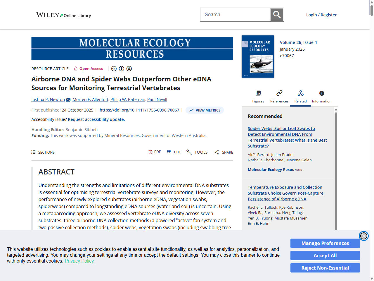 Preview of Airborne DNA and Spider Webs Outperform Other eDNA Sources for Monitoring Terrestrial Vertebrates