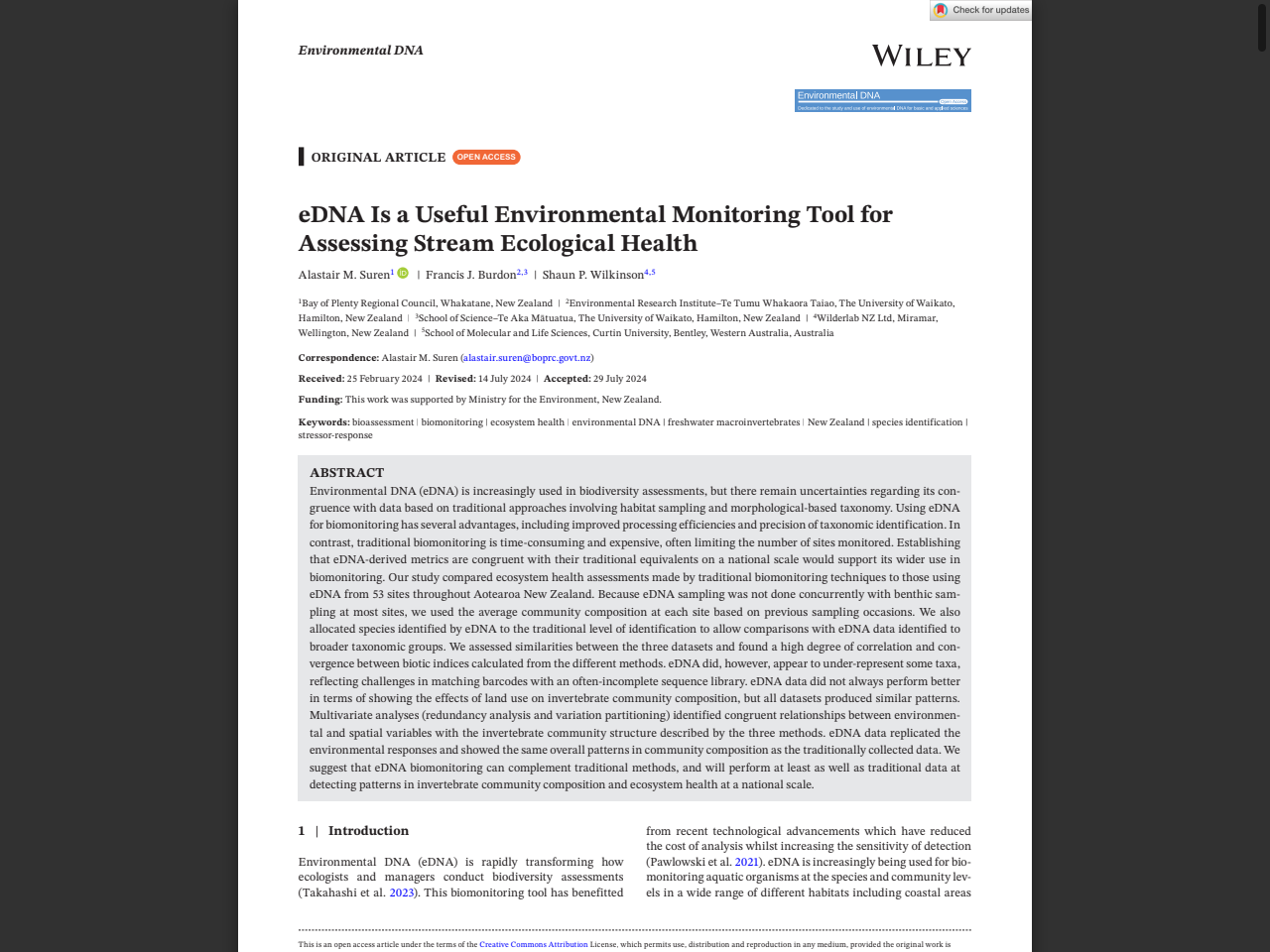 Preview of eDNA Is a Useful Environmental Monitoring Tool for Assessing Stream Ecological Health