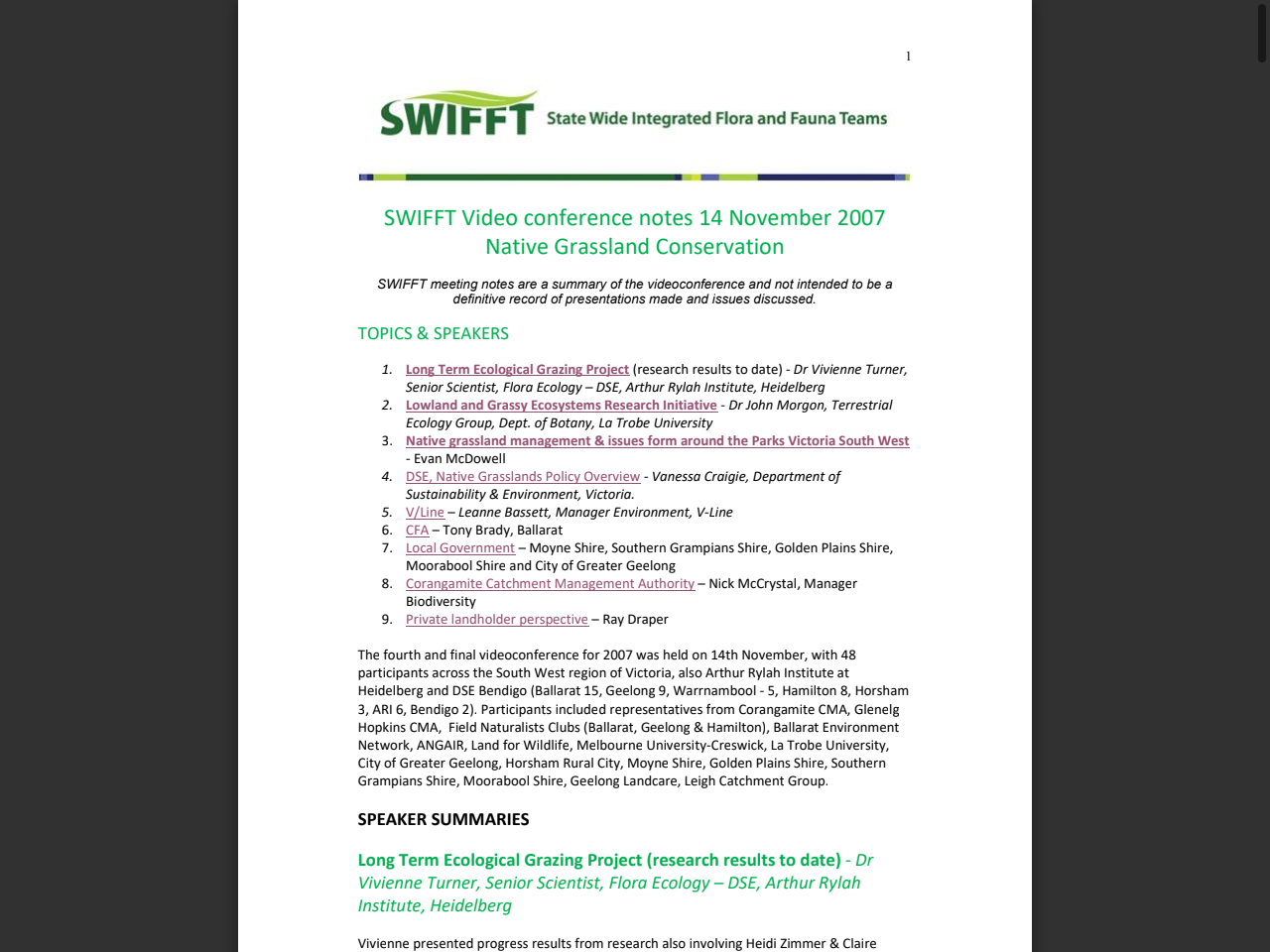 Preview of SWIFFT Video conference notes 14 November 2007 Native Grassland Conservation, accessed August 11, 2025