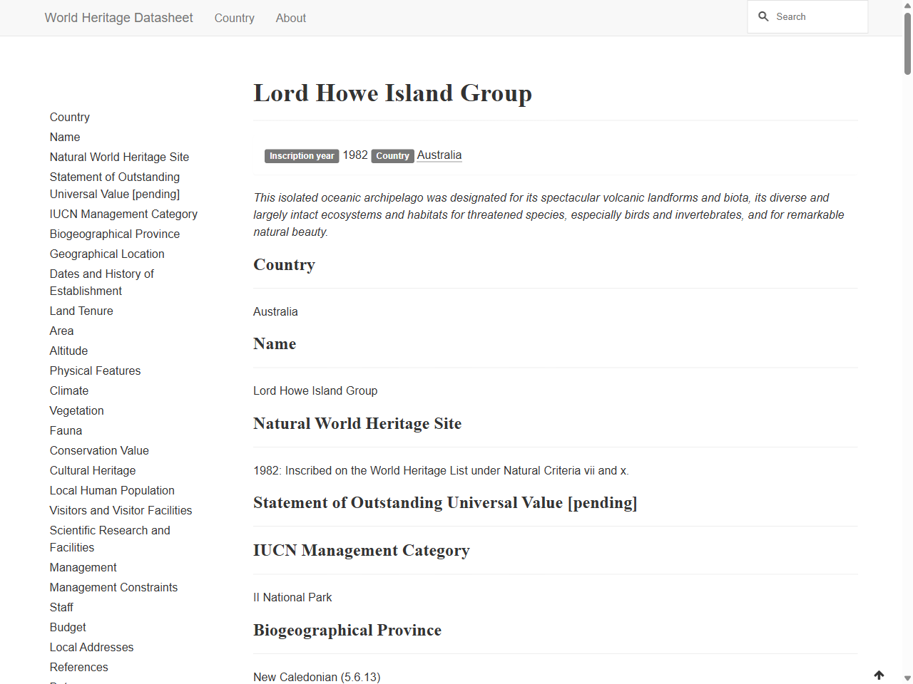 Preview of LORD HOWE ISLAND GROUP - World Heritage Datasheet - UNEP-WCMC, accessed August 4, 2025,
