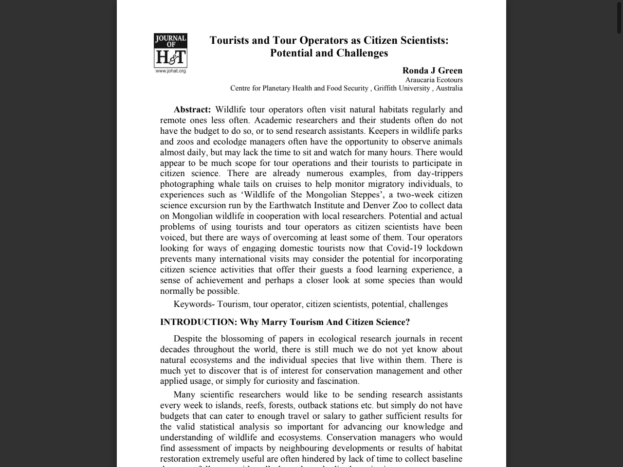 Preview of Tourists and Tour Operators as Citizen Scientists: Potential and Challenges - Journal of Hospitality & Tourism (Print ISSN