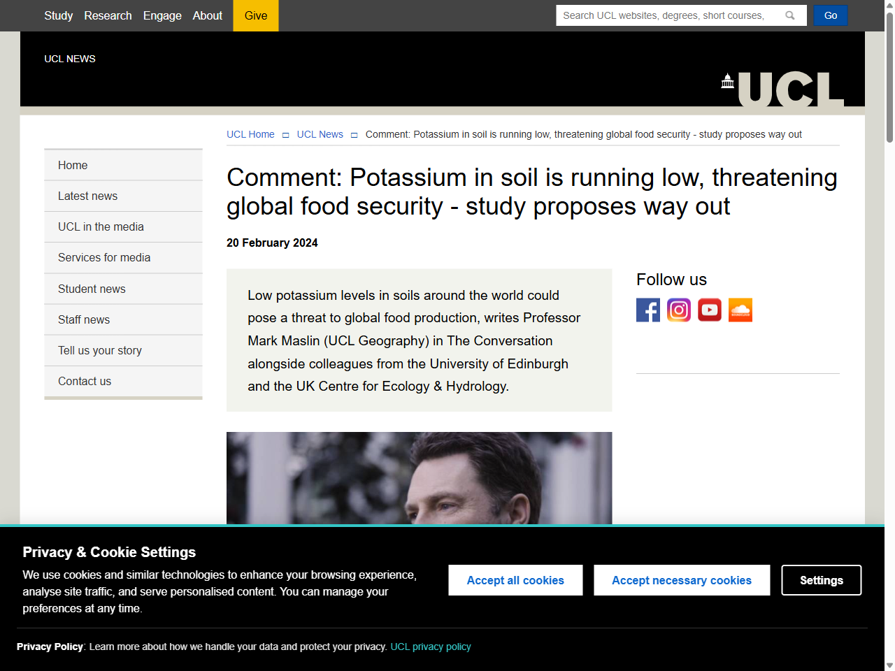Preview of Comment: Potassium in soil is running low, threatening global food security - study proposes way out | UCL News - UCL – University College London, accessed August 11, 2025,