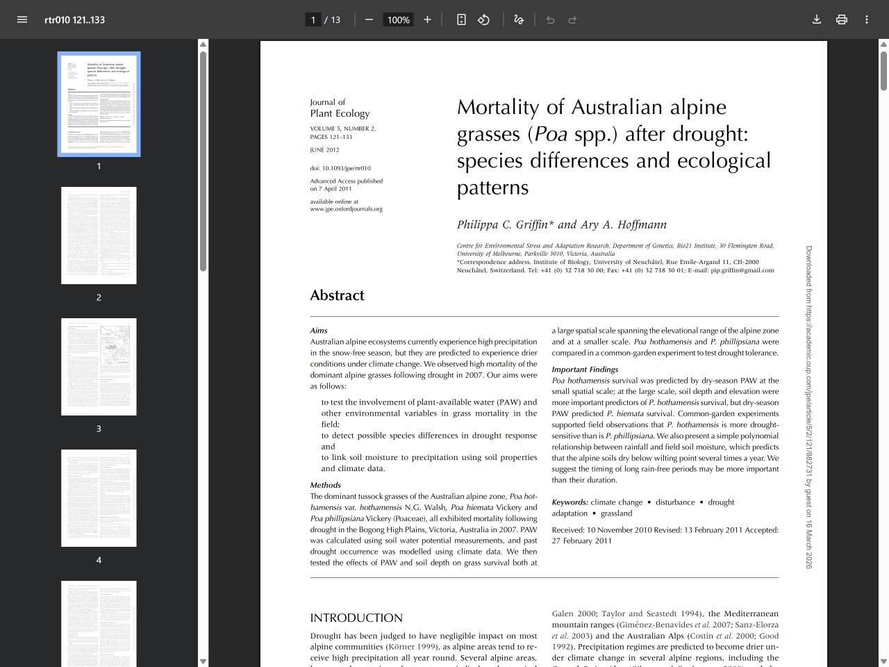 Preview of Mortality of Australian alpine grasses (Poa spp ... - Oxford Academic