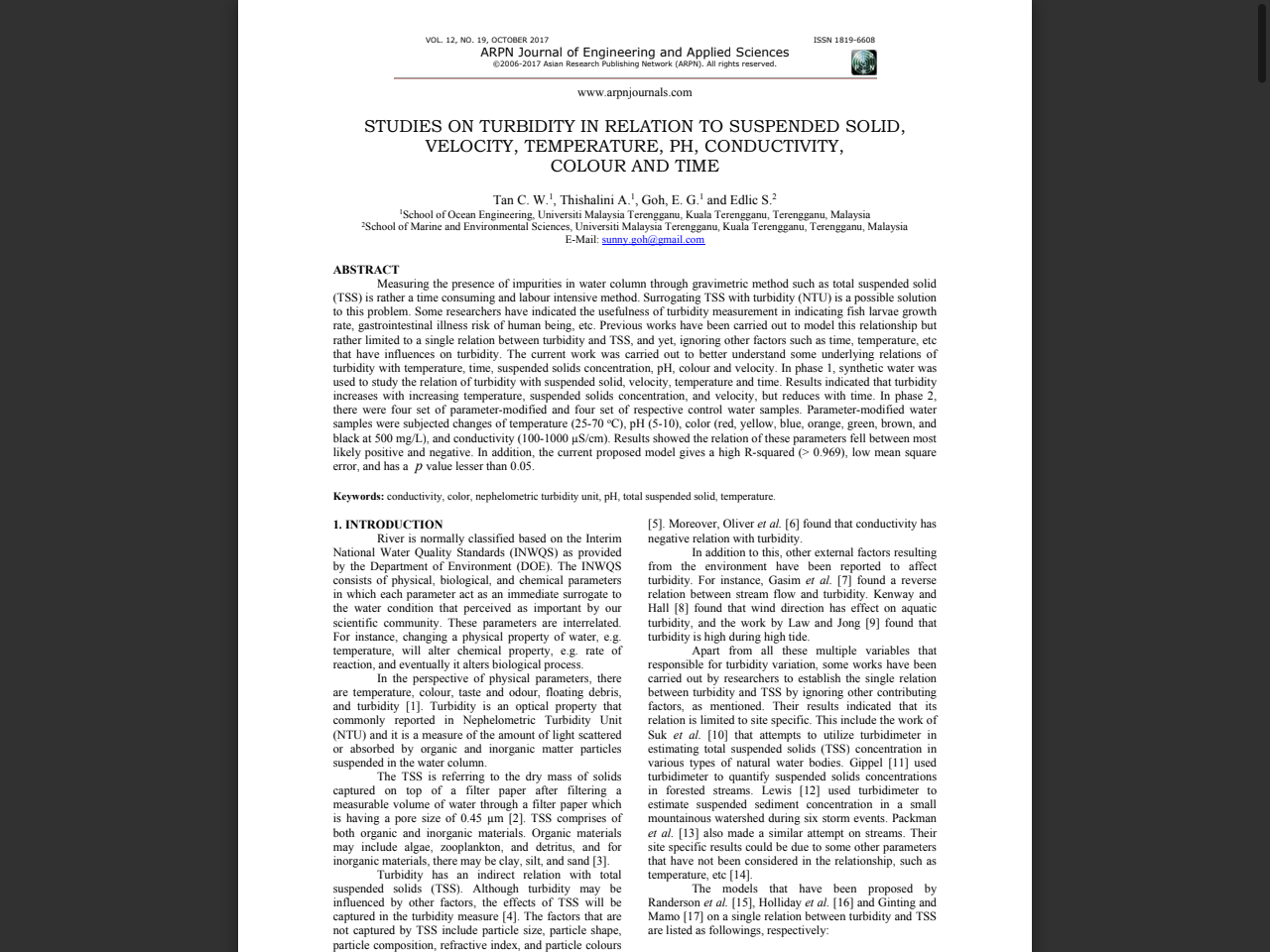 Preview of STUDIES ON TURBIDITY IN RELATION TO SUSPENDED SOLID, VELOCITY, TEMPERATURE, PH, CONDUCTIVITY, COLOUR AND TIME