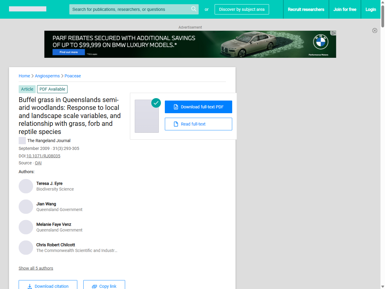 Preview of (PDF) Buffel grass in Queenslands semi-arid woodlands: Response to local and landscape scale variables, and relationship with grass, forb and reptile species - ResearchGate, accessed July 27, 2025