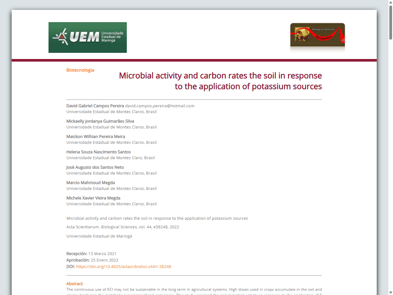 Preview of Microbial activity and carbon rates the soil in response to the application of potassium sources - Redalyc