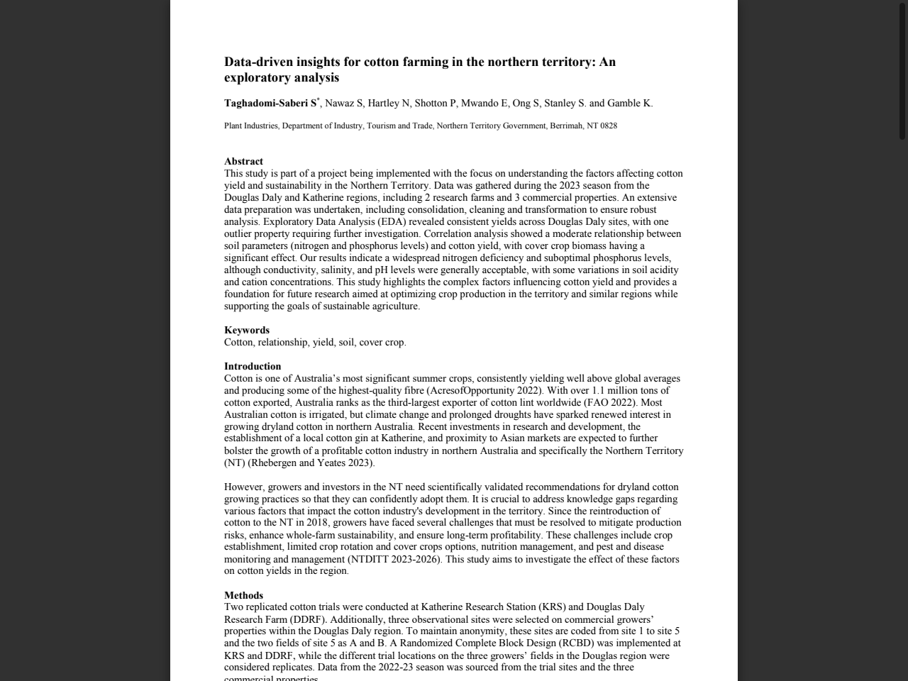 Preview of Cotton Production and Sustainability in the Northern Territory: A Comprehensive Analysis of Yield, Soil Properties, and Cover Crops (Mwando et al., 2024, In: Proceedings of the 21st Australian Agronomy Conference)