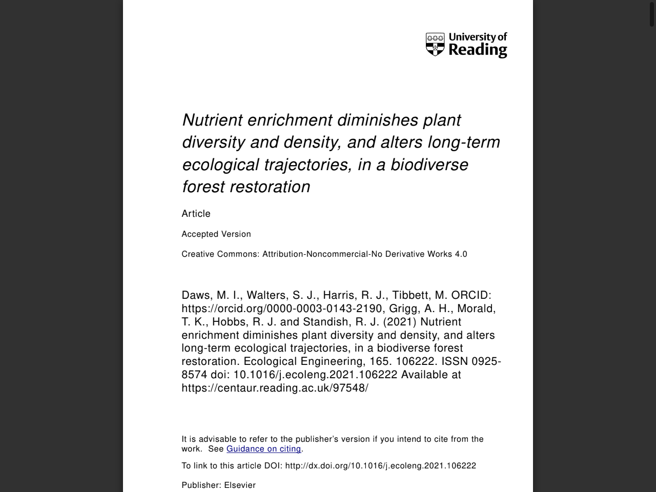 Preview of Nutrient enrichment diminishes plant diversity and density, and alters long-term ecological trajectories, in a biodiverse forest restoration - CentAUR, accessed July 24, 2025,